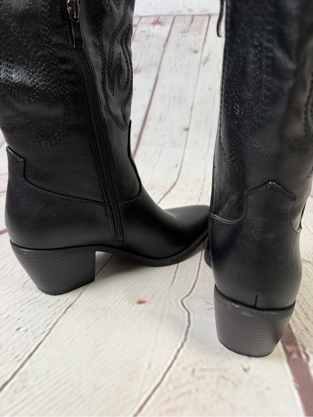 Women's NEW black western cowgirl knee-high heeled pointed toe boots, size 6 - Picture 13 of 16